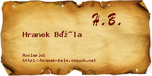 Hranek Béla névjegykártya